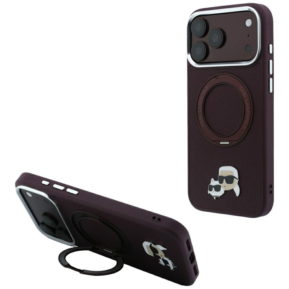 Калъф MagSafe за Apple iPhone 18 Pro Max / 17 Pro Max, Karl Lagerfeld, Ring Stand 360 Karl & Choupette Pin, цвят бордо