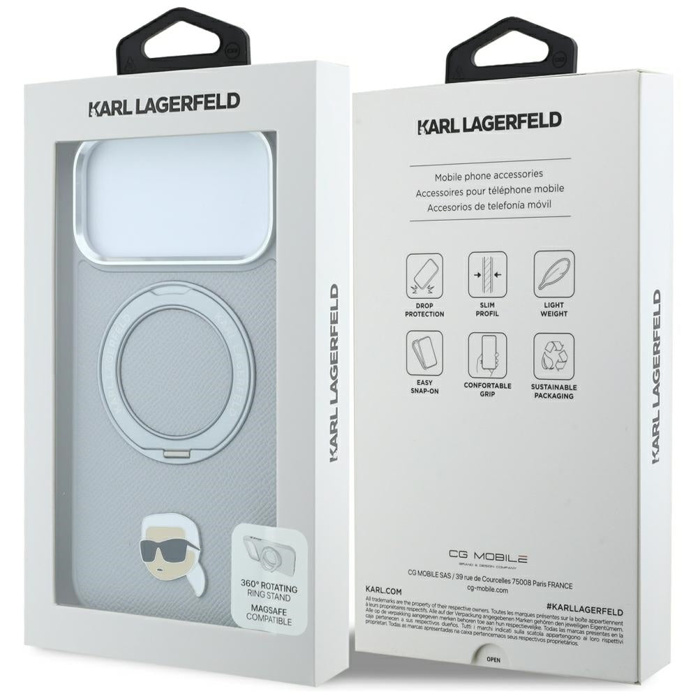 Калъф MagSafe за Apple iPhone 18 Pro Max / 17 Pro Max, Karl Lagerfeld, Ring Stand 360 Karl Pin, сив