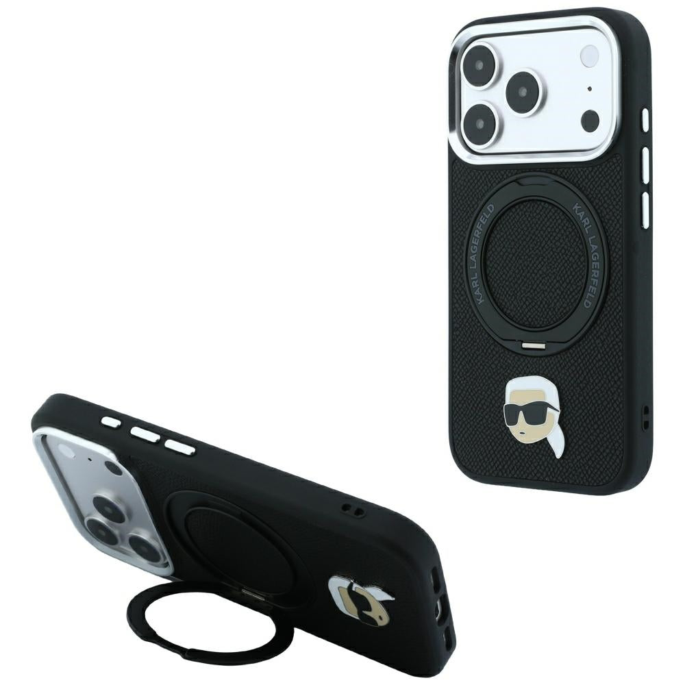 MagSafe Case for Apple iPhone 18 Pro Max / 17 Pro Max, Karl Lagerfeld, Ring Stand 360 Karl Pin, Black