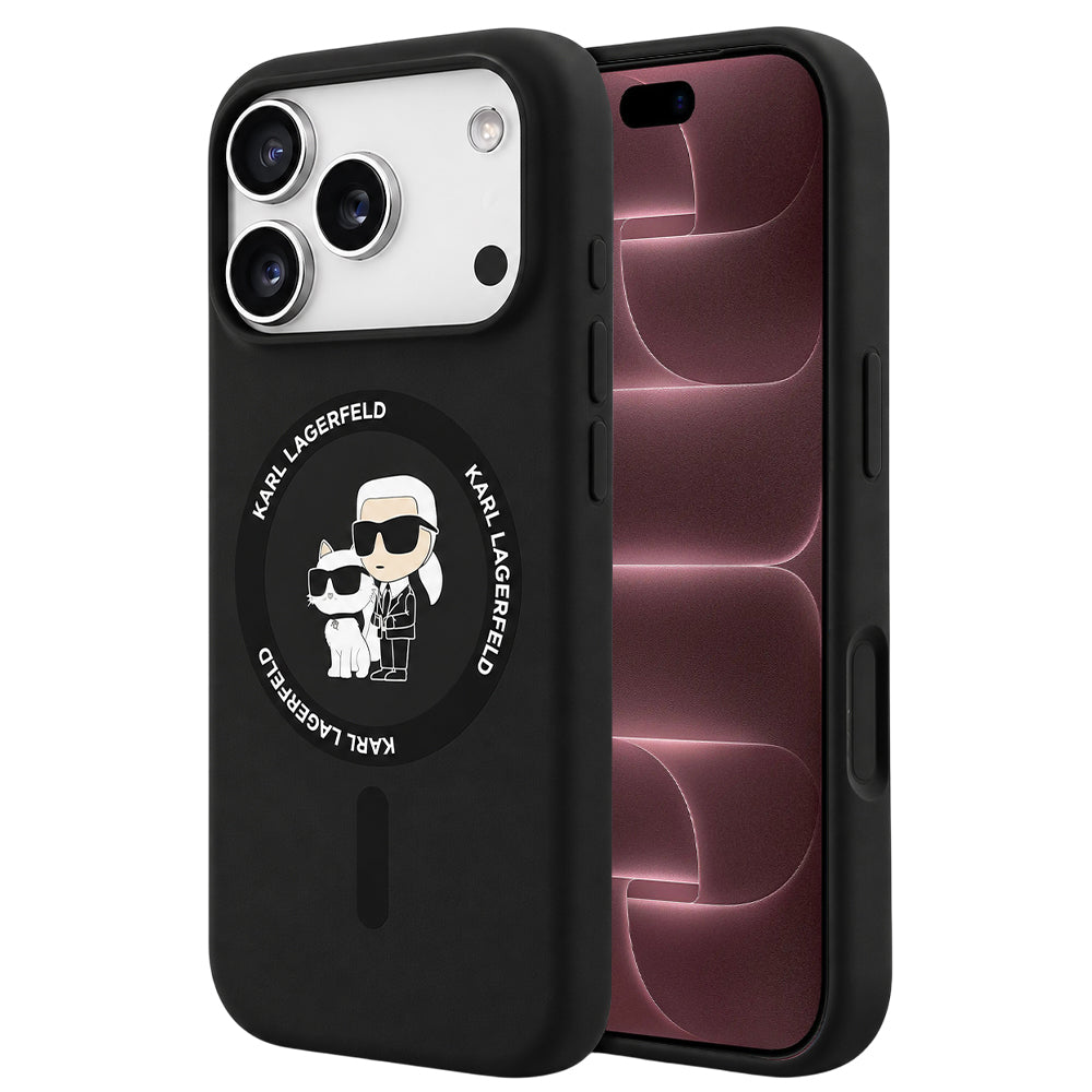 Калъф MagSafe за Apple iPhone 18 Pro Max / 17 Pro Max, Karl Lagerfeld, силиконов пръстен Karl & Choupette, черен