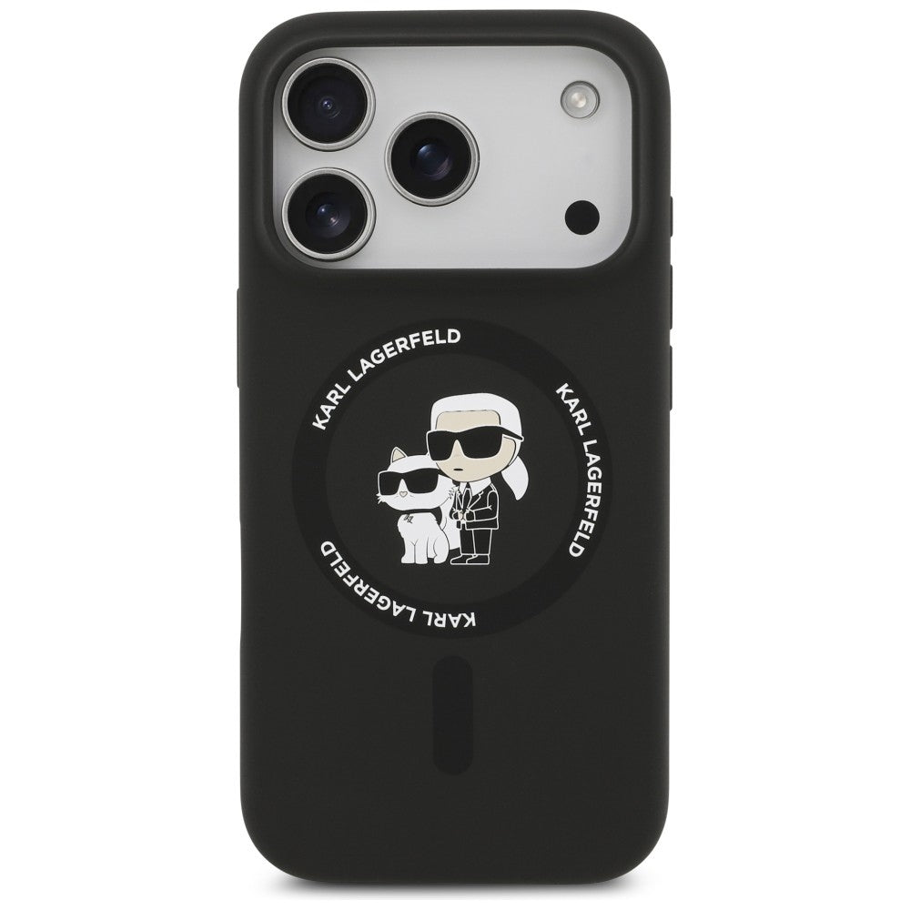 Калъф MagSafe за Apple iPhone 18 Pro Max / 17 Pro Max, Karl Lagerfeld, силиконов пръстен Karl & Choupette, черен
