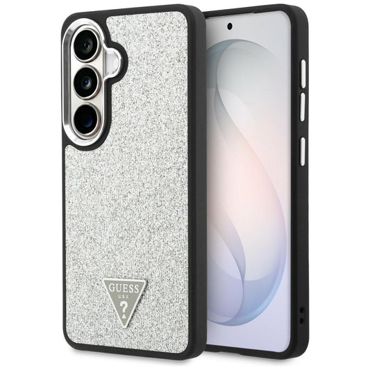 Калъф MagSafe за Samsung Galaxy S26 S942, Guess, Фиксирано лого с триъгълник и брокат, Сребрист