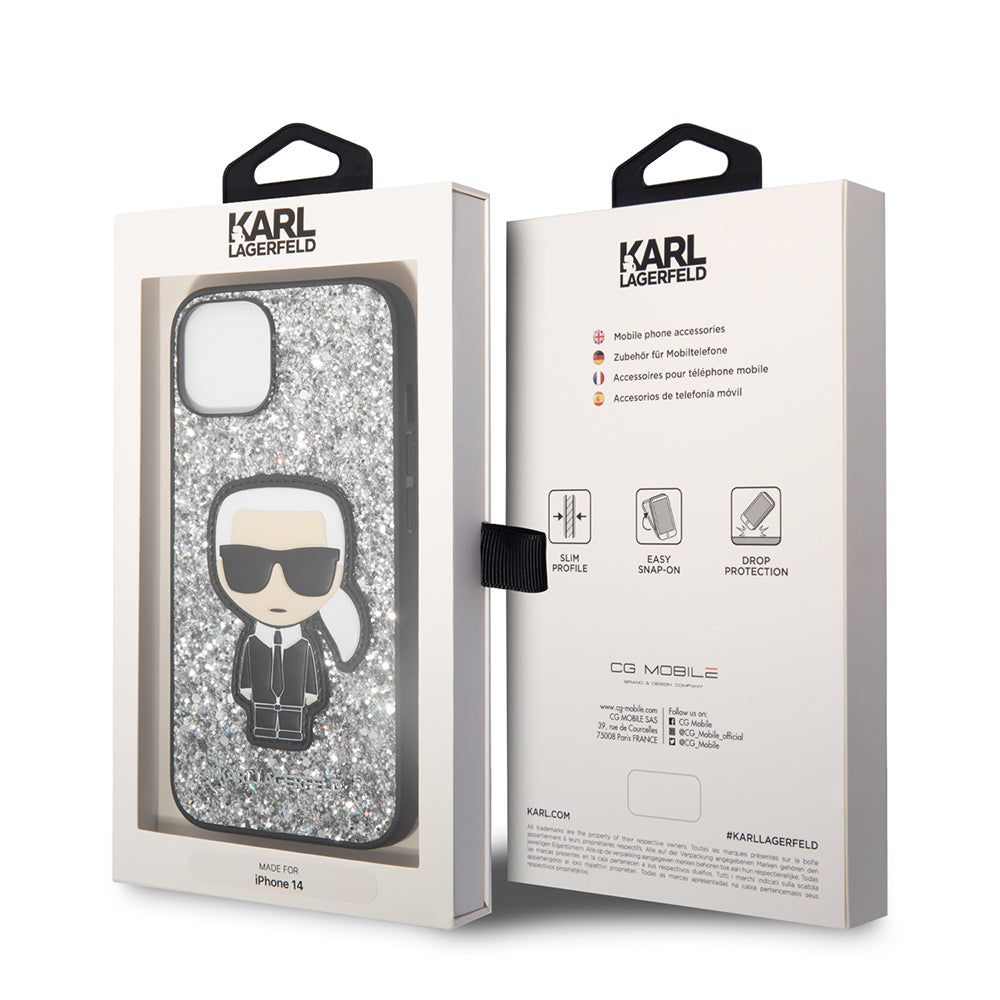 Калъф за Apple iPhone 14, Karl Lagerfeld, Glitter Flakes Ikonik Karl, Сребрист