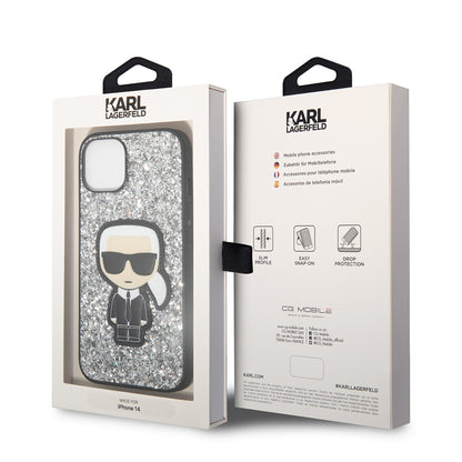 Калъф за Apple iPhone 14, Karl Lagerfeld, Glitter Flakes Ikonik Karl, Сребрист