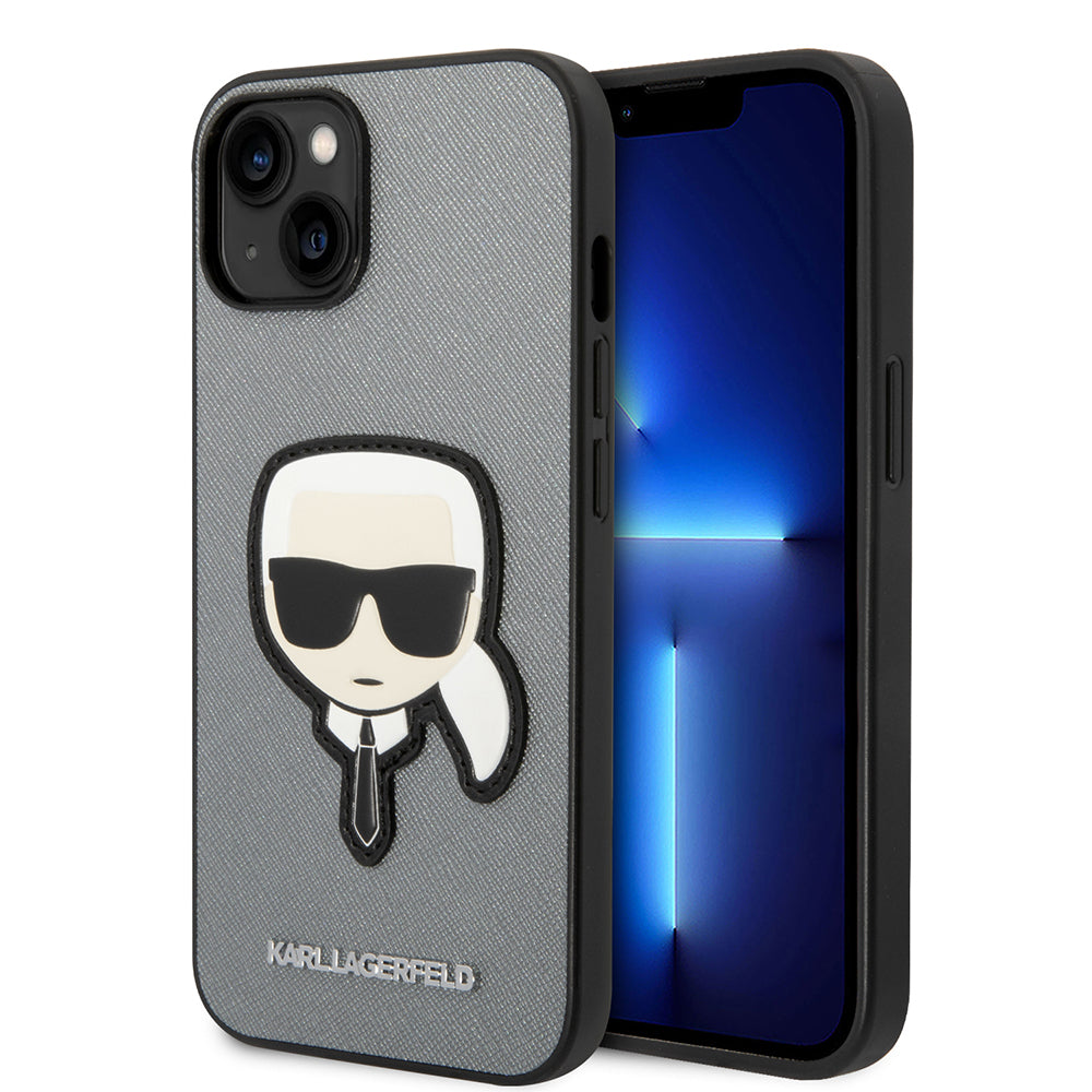 Case for Apple iPhone 14 Plus, Karl Lagerfeld, Saffiano Karl's Head, Silver