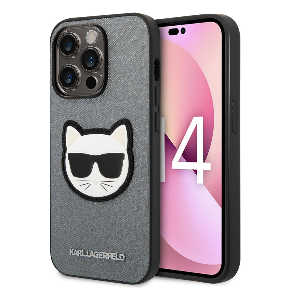 Калъф за Apple iPhone 14 Pro, Karl Lagerfeld, Saffiano Choupette's Head, Сребрист