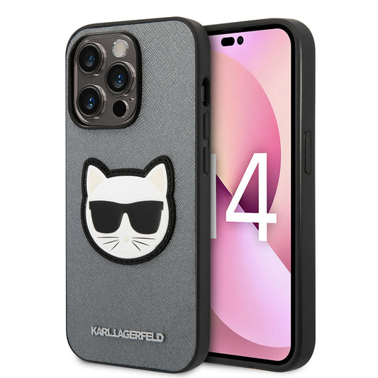 Калъф за Apple iPhone 14 Pro, Karl Lagerfeld, Saffiano Choupette's Head, Сребрист