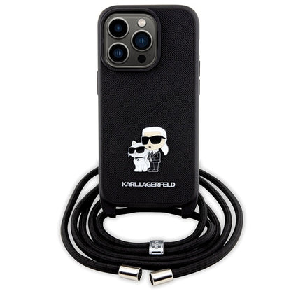 Калъф за Apple iPhone 14 Pro, Karl Lagerfeld, Saffiano Crossbody Metal Pin Karl & Choupette, Черен
