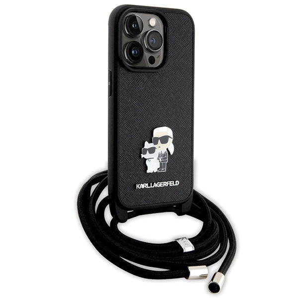 Калъф за Apple iPhone 14 Pro, Karl Lagerfeld, Saffiano Crossbody Metal Pin Karl & Choupette, Черен