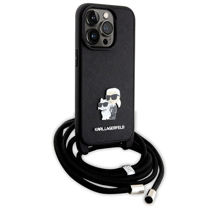 Калъф за Apple iPhone 14 Pro, Karl Lagerfeld, Saffiano Crossbody Metal Pin Karl & Choupette, Черен