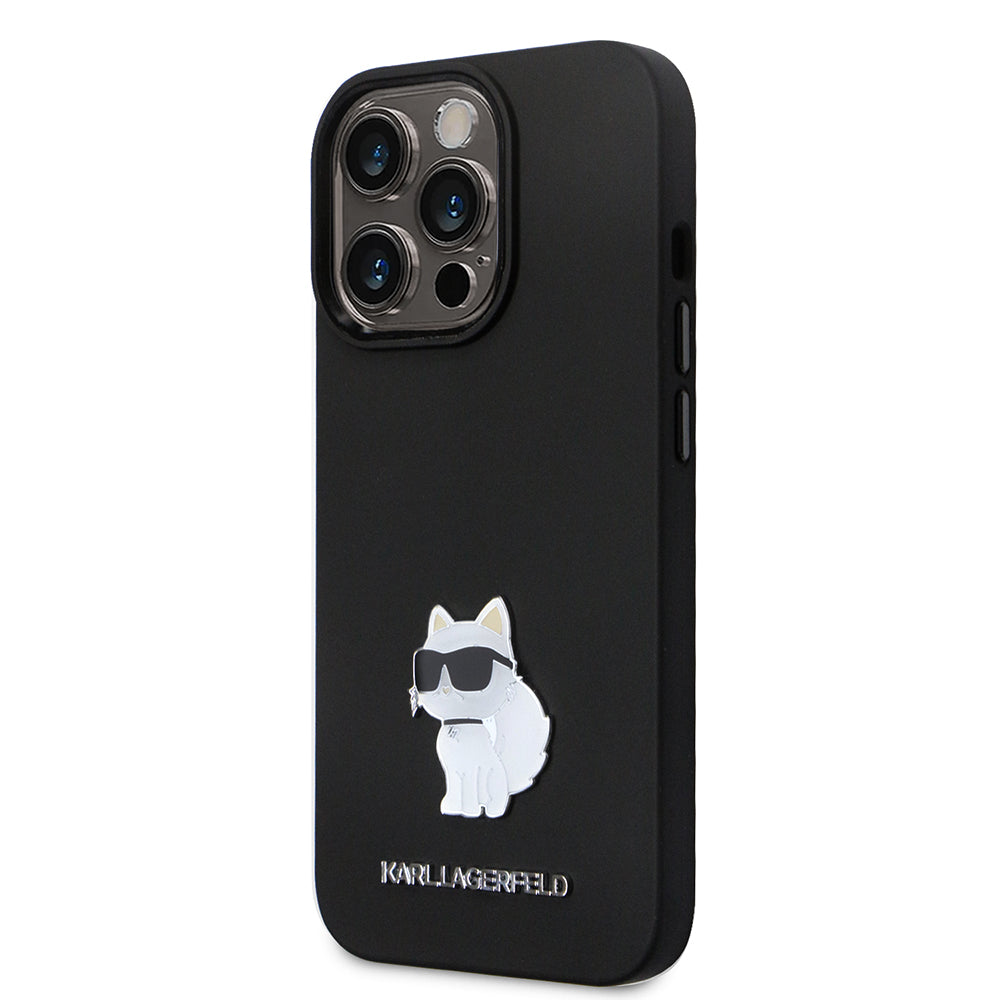 Калъф за Apple iPhone 14 Pro, Karl Lagerfeld, Silicone Choupette Metal, Черен
