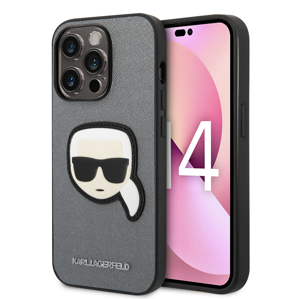 Калъф за Apple iPhone 14 Pro Max, Karl Lagerfeld, Saffiano Karl's Head, Сребрист
