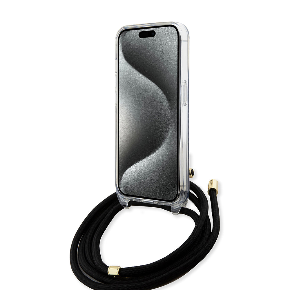 Калъф за Apple iPhone 15, Guess, 4G IML Printed Crossbody, Черен
