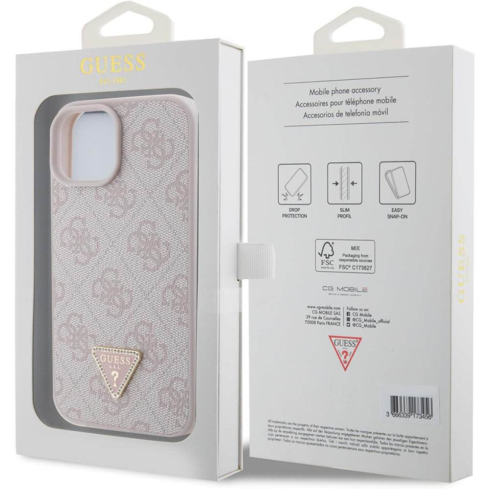 Калъф за Apple iPhone 15, Guess, 4G Triangle Strass, Розов