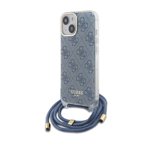 Калъф за Apple iPhone 15, Guess, Crossbody Cord 4G Print, Син