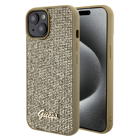 Калъф за Apple iPhone 15, Guess, Disco Metal Script, Златист