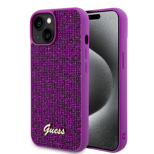 Калъф за Apple iPhone 15, Guess, Disco Metal Script, Фуксия