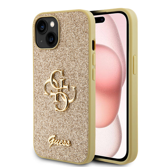 Калъф за Apple iPhone 15, Guess, Glitter Big 4G Script, Златист