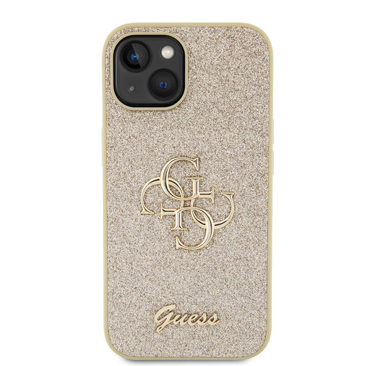 Калъф за Apple iPhone 15, Guess, Glitter Big 4G Script, Златист