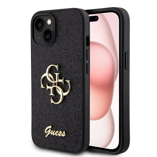 Калъф за Apple iPhone 15, Guess, Glitter Big 4G Script, Черен