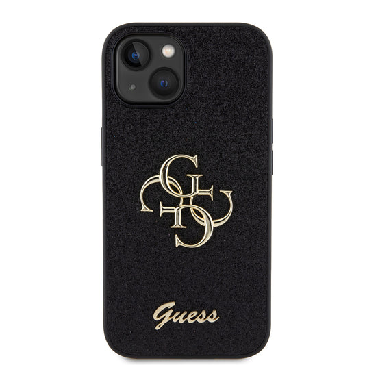 Калъф за Apple iPhone 15, Guess, Glitter Big 4G Script, Черен