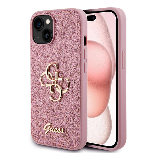 Калъф за Apple iPhone 15, Guess, Glitter Big 4G Script, Розов