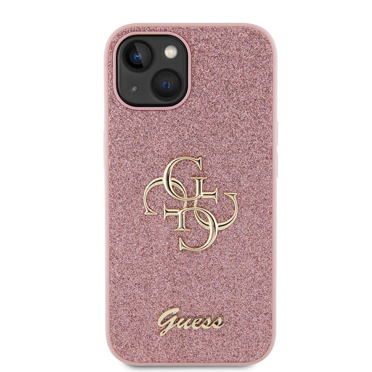Калъф за Apple iPhone 15, Guess, Glitter Big 4G Script, Розов