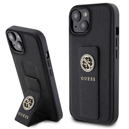 Калъф за Apple iPhone 15, Guess, Grip Stand 4G Saffiano Strass, Черен