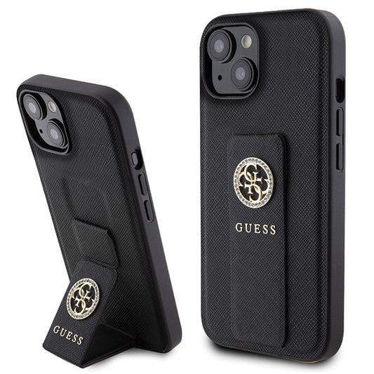Калъф за Apple iPhone 15, Guess, Grip Stand 4G Saffiano Strass, Черен