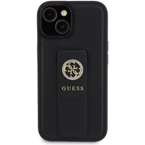 Калъф за Apple iPhone 15, Guess, Grip Stand 4G Saffiano Strass, Черен