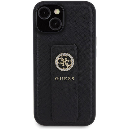 Калъф за Apple iPhone 15, Guess, Grip Stand 4G Saffiano Strass, Черен