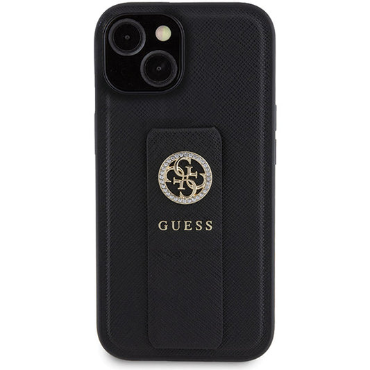 Калъф за Apple iPhone 15, Guess, Grip Stand 4G Saffiano Strass, Черен