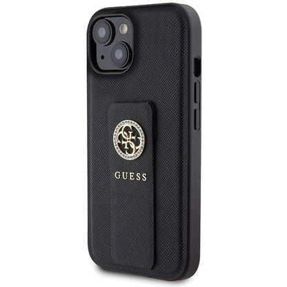 Калъф за Apple iPhone 15, Guess, Grip Stand 4G Saffiano Strass, Черен