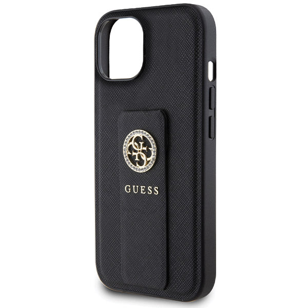 Калъф за Apple iPhone 15, Guess, Grip Stand 4G Saffiano Strass, Черен