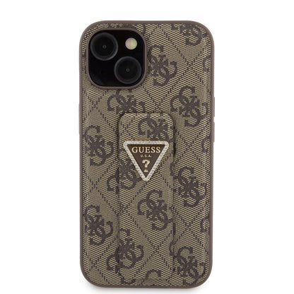 Калъф за Apple iPhone 15, Guess, Grip Stand 4G Triangle Strass, Кафяв