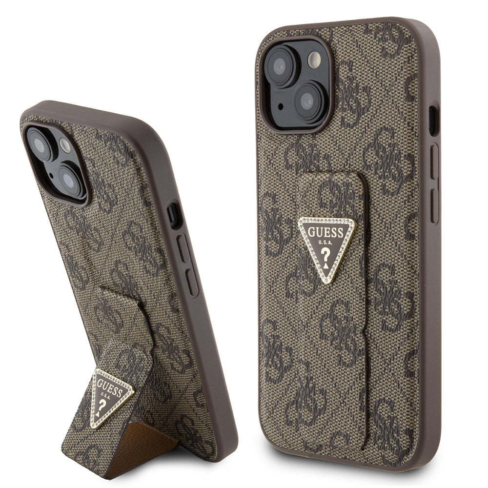 Калъф за Apple iPhone 15, Guess, Grip Stand 4G Triangle Strass, Кафяв