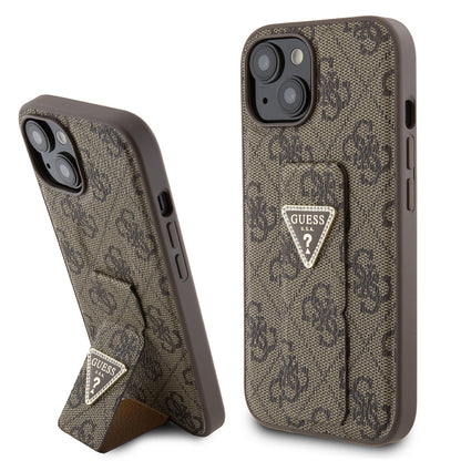 Калъф за Apple iPhone 15, Guess, Grip Stand 4G Triangle Strass, Кафяв