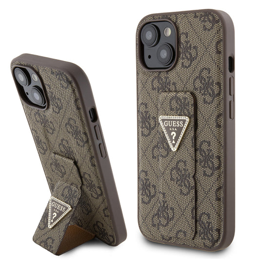 Калъф за Apple iPhone 15, Guess, Grip Stand 4G Triangle Strass, Кафяв
