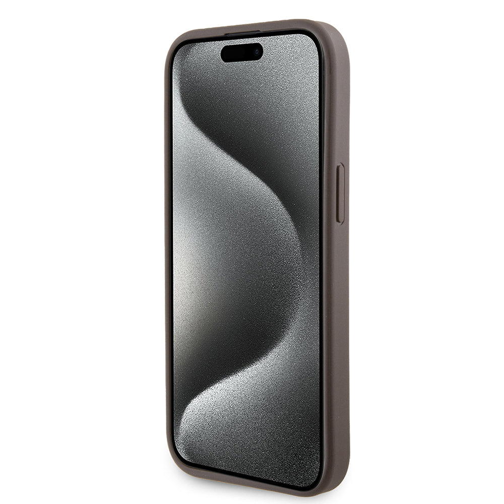 Калъф за Apple iPhone 15, Guess, Grip Stand 4G Triangle Strass, Кафяв