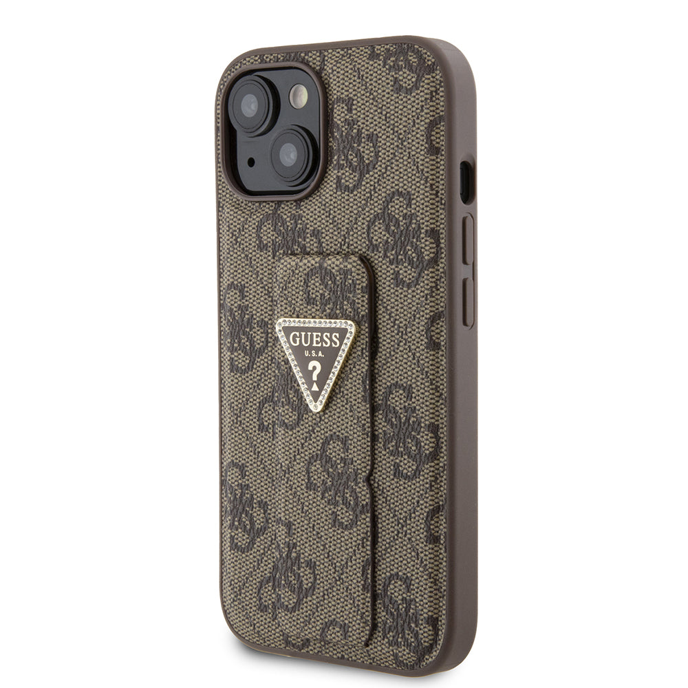 Калъф за Apple iPhone 15, Guess, Grip Stand 4G Triangle Strass, Кафяв