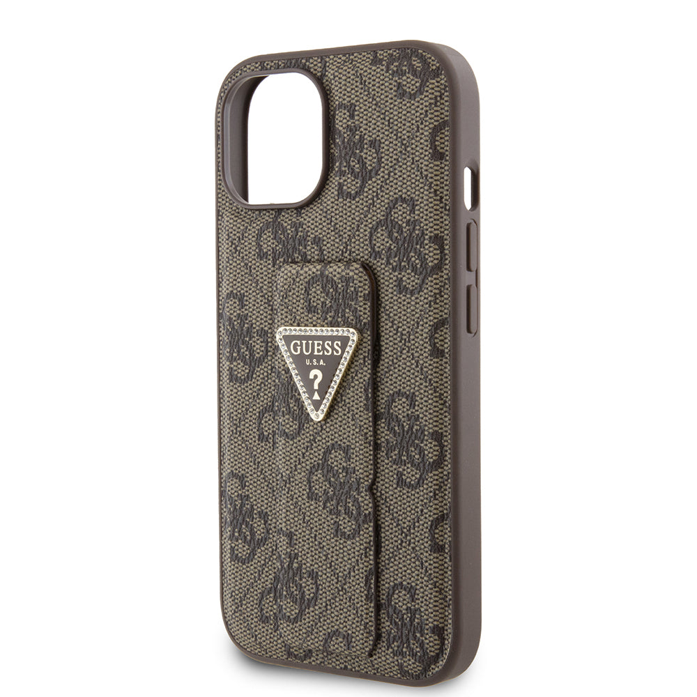 Калъф за Apple iPhone 15, Guess, Grip Stand 4G Triangle Strass, Кафяв