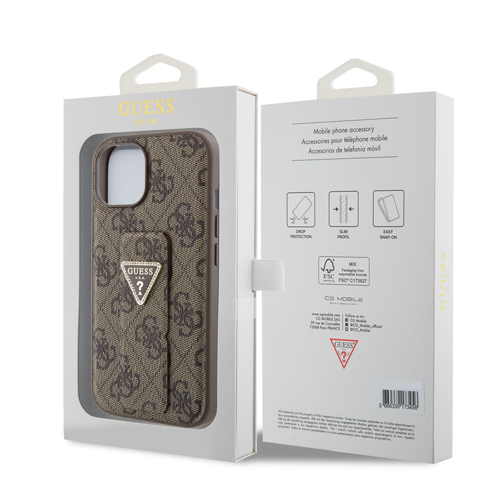 Калъф за Apple iPhone 15, Guess, Grip Stand 4G Triangle Strass, Кафяв