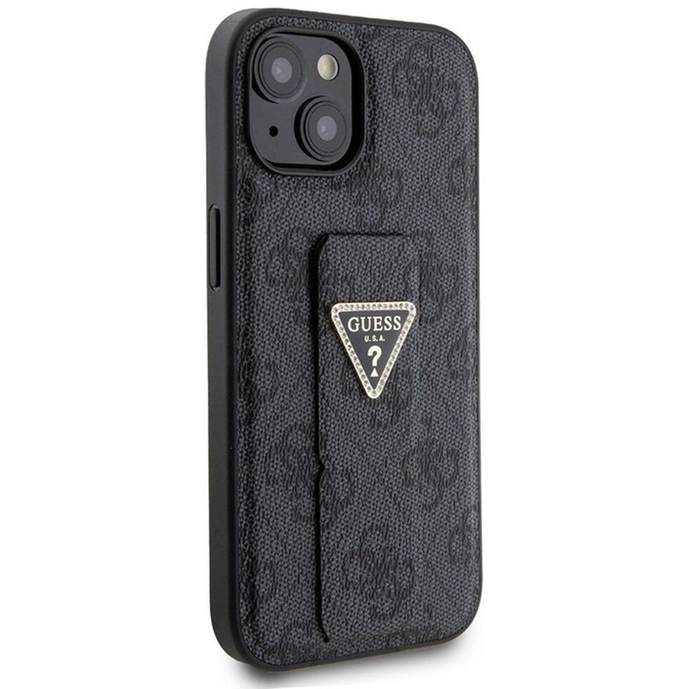 Калъф за Apple iPhone 15, Guess, Grip Stand 4G Triangle Strass, Черен