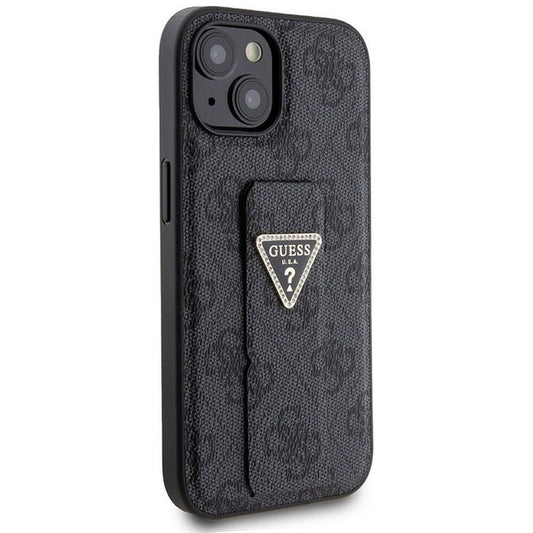 Калъф за Apple iPhone 15, Guess, Grip Stand 4G Triangle Strass, Черен
