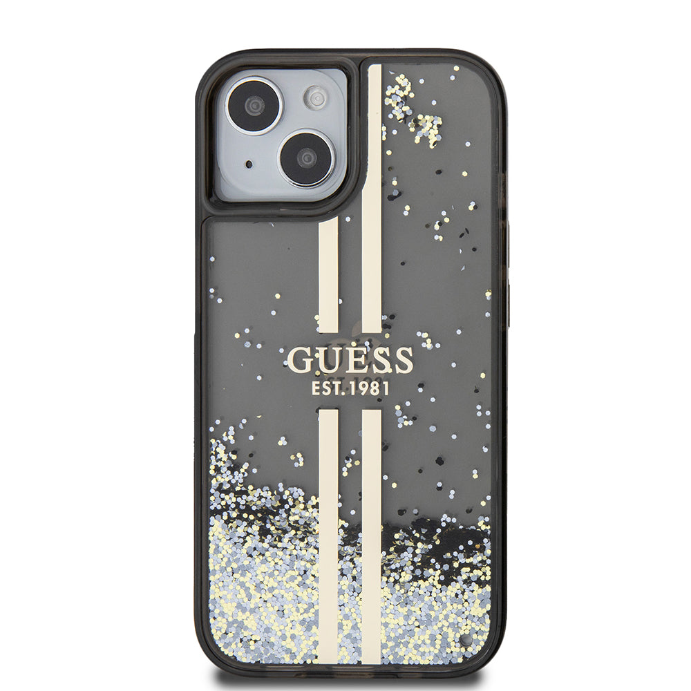 Калъф за Apple iPhone 15, Guess, Liquid Glitter Gold Stripes, Черен