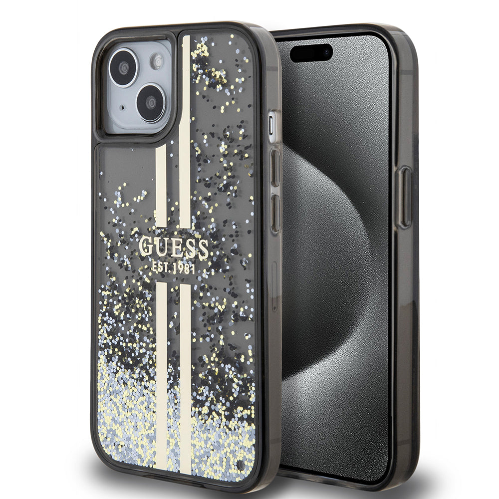 Калъф за Apple iPhone 15, Guess, Liquid Glitter Gold Stripes, Черен