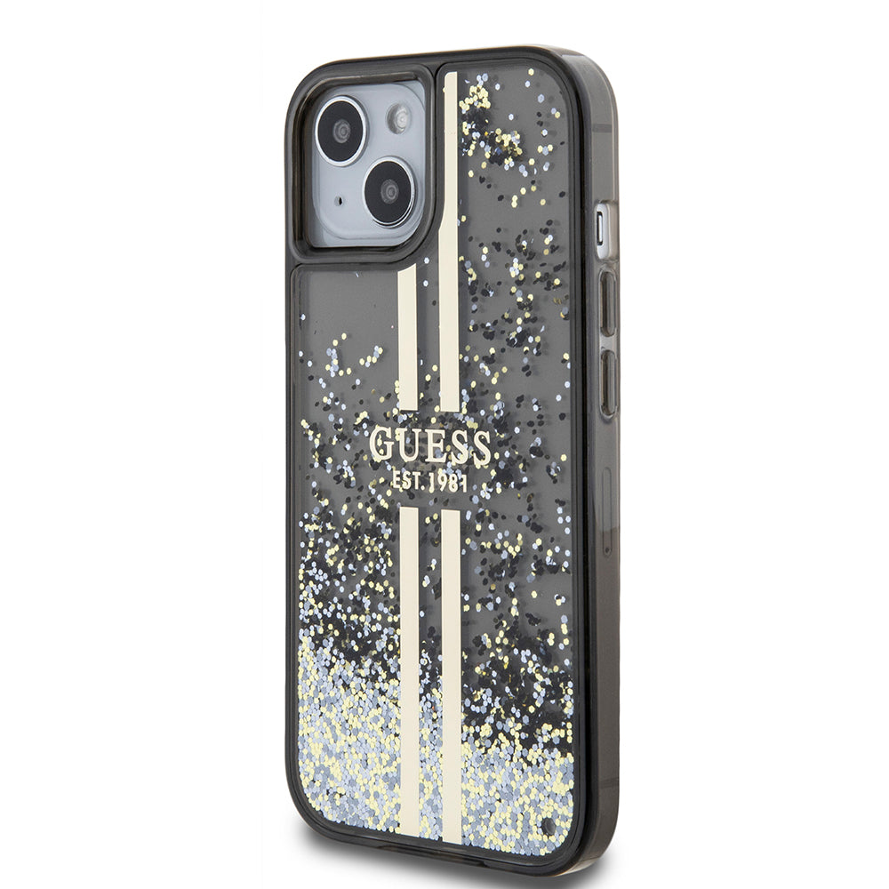 Калъф за Apple iPhone 15, Guess, Liquid Glitter Gold Stripes, Черен