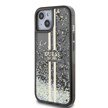 Калъф за Apple iPhone 15, Guess, Liquid Glitter Gold Stripes, Черен
