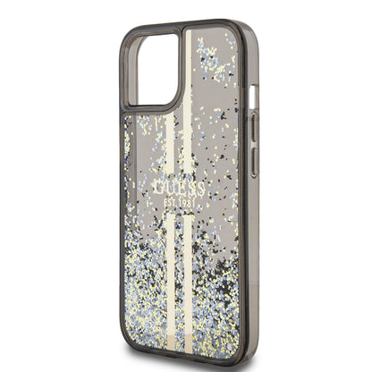 Калъф за Apple iPhone 15, Guess, Liquid Glitter Gold Stripes, Черен