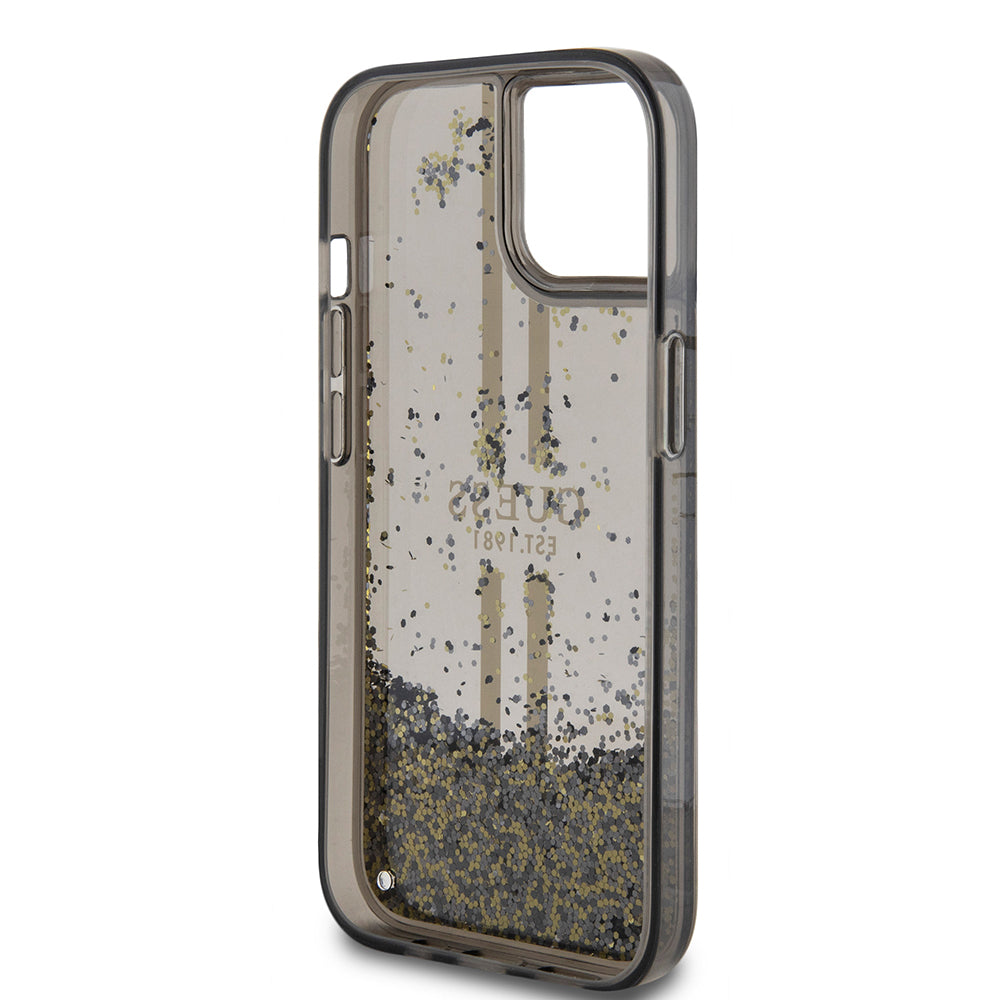 Калъф за Apple iPhone 15, Guess, Liquid Glitter Gold Stripes, Черен